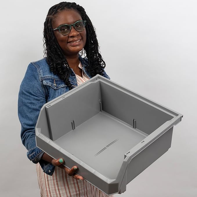Plastic Containers for Organizing and Storage Bins for Closet, Kitchen, Office, Garage or Pantry Organization, Stackable Bins, Extra Large (14.8" x 16.5" x 7"), 4-Pack, Grey