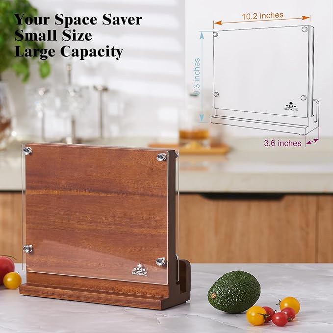 ENOKING Magnetic Knife Block with Acrylic Shield, Double Side Kitchen Knife Holder without Knives- Acacia Wood Universal Knife Storage Organizer with Powerful Magnet for Kitchen Counter