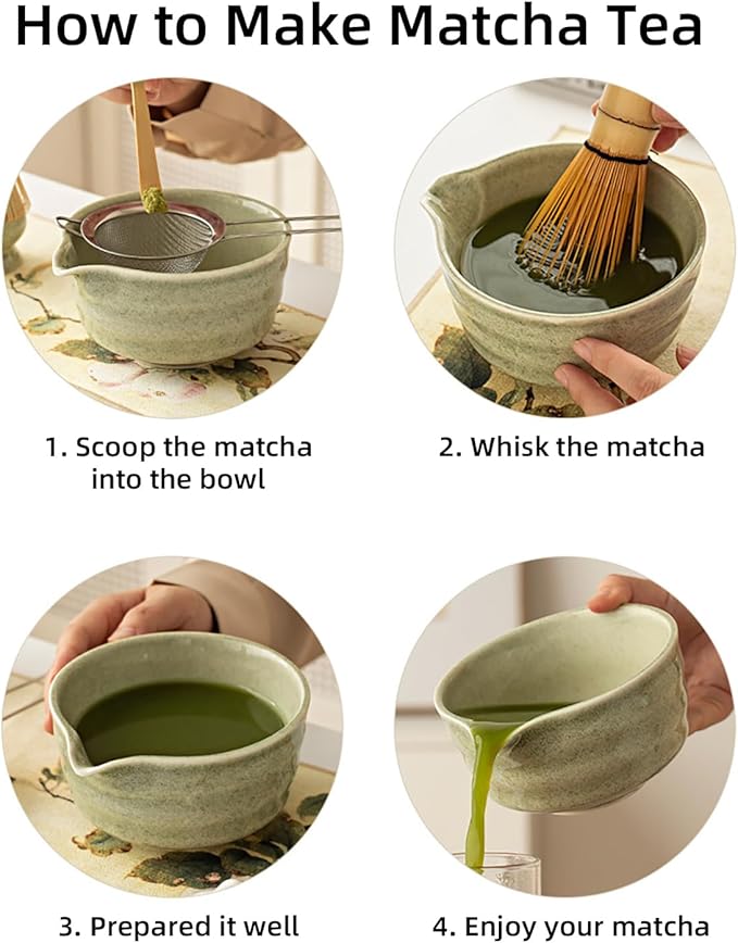 Matcha Tea Set, 5-Piece Ceremonial Kit with Ceramic Matcha Bowl (Chawan), Bamboo Whisk (Chasen) & Holder, Stainless Steel Sifter, Bamboo Scoop (Chashaku) — Japanese Tea Ceremony Gift (Green)