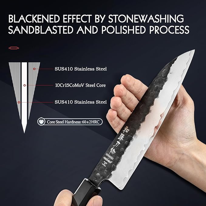 HEZHEN Santoku Knife, 7 Inches, 3 Layers Clad Steel Chef Knife,Professional Japanese Kitchen Knife for Chefs and Home Cooking,Wooden Octagonal Handle