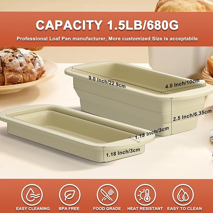 2 Packs of Pan Non-Stick Silicone Bread Loaf Pan with Heavy-Duty Steel Frame, Silicone Baking Mold – Perfect for Pound Cakes, Breads (9"x4"x2.5", Beige, 2 Pieces)