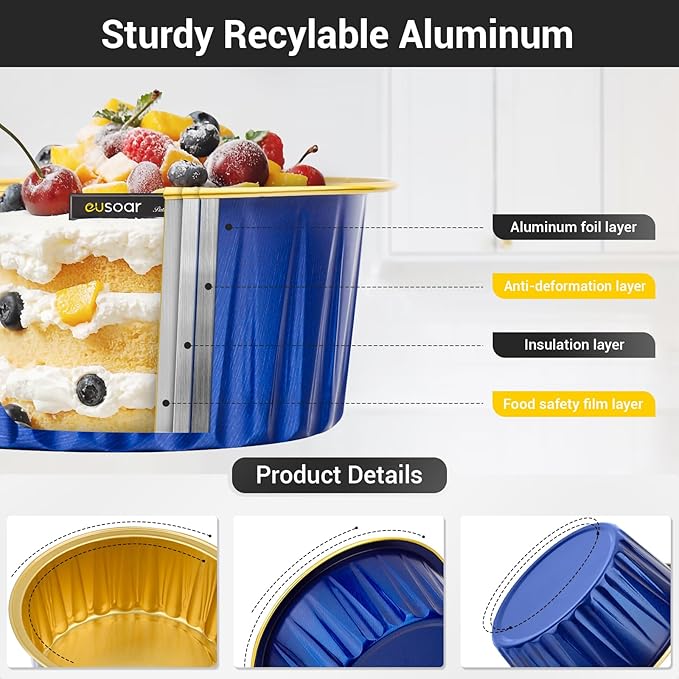 EUSOAR Aluminum Foil Baking Cups with Lids, Royal Blue 100pcs 5oz Creme Brulee Ramekins Disposable, Muffin Liners Cups，Mini Cheesecake Foil Pans Dessert Containers with Lids for Party Favor Birthday