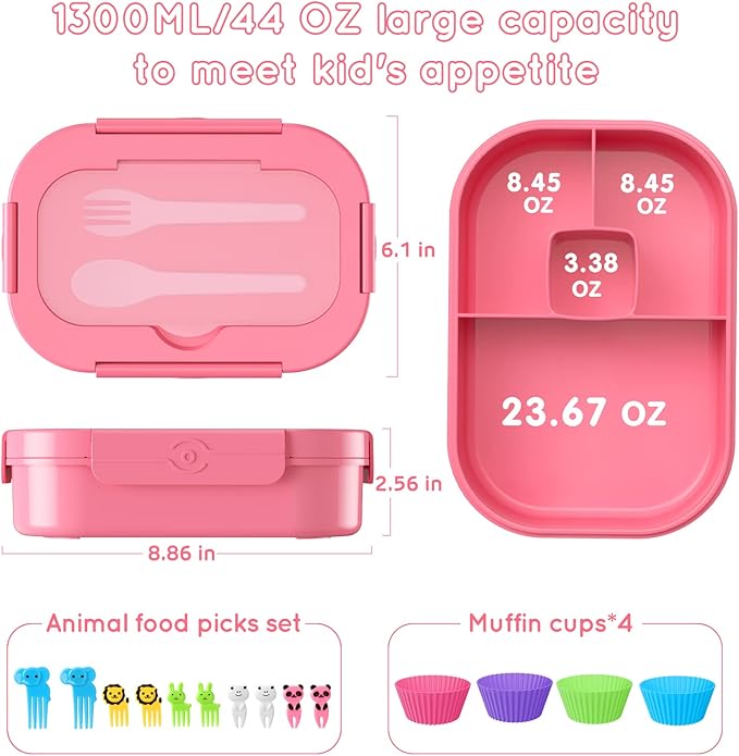 Bento Box, 44oz 4 Compartment Lunch Container with Cutlery for Kid/Adult/Toddler, Leak Proof, Microwave/Dishwasher/Refrigerator Safe, BPA Free (Pink)