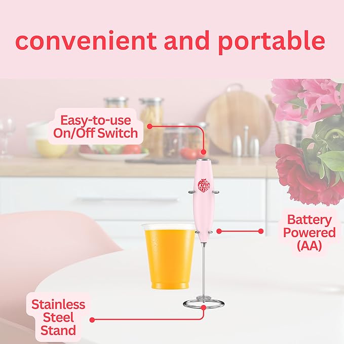 Peach Perfect Milk Frother Handheld, Electric Drink Mixer for Coffee, Lattes, Powdered Supplements, Battery Operated (AA) Stainless Steel Frother Wand, 300W, Easy On/Off Switch, Stand Included, Pink