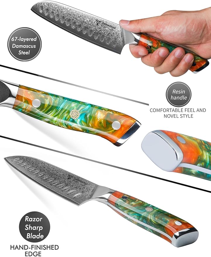 Santoku Knife - 7 inch - Xuan Series - VG10 Damascus Steel Kitchen Knife - Resin Handle (Fantasy Orange)