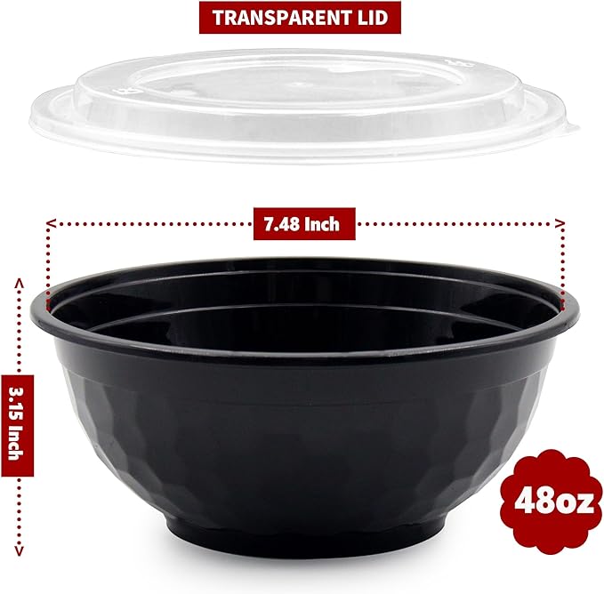 POPMISOLER 150 Pcs Stackable Meal Prep Bowl Containers, Food Takeout Bowls Reusable,Black Disposable Meal Prep Bowls With Lids. (48oz-Black)