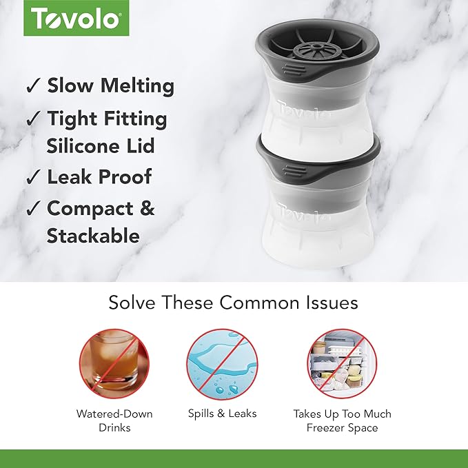 Tovolo Tennis Ice Cube Molds Pack of 2 Large Craft Ice Spheres for Cocktails Summer Drinks, Dishwasher Safe Stackable Silicone BPA Free Tennis Ice Mold Gift for Sports Fans