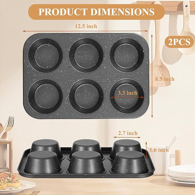 Jumbo Muffin Pan 2 Pack, Nonstick 6 Cup Muffin Tin, Extra Large Cupcake Pan for Baking, Giant Muffin & Cupcake Mold, Carbon Steel Muffin Tins, 3.3'' Cup Diameter