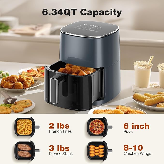 Sweetcrispy Air Fryer 6QT with Window, Square Airfryer Oven 12-in-1 for Family, 400°F Rapid Air Crispy Technology, Roast Bake Dehydrate, Nonstick & Easy-Clean Basket,Grey