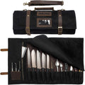 Asaya Waxed Canvas Knife Roll - 15 Knife Slots, Card Holder and Large Zippered Pocket - Genuine Leather, Cloth and Brass Buckles - for Chefs and Culinary Students - Knives Not Included