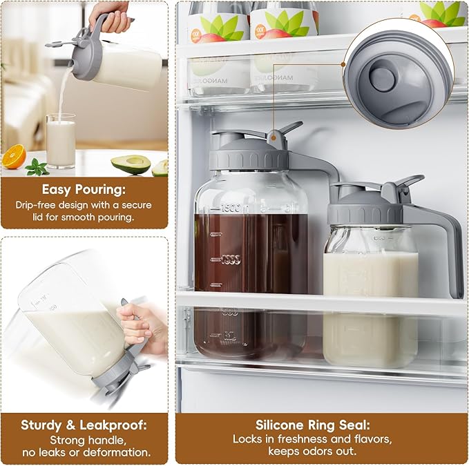 Breast Milk Pitcher Jug - 32 oz Glass Mason Jar Airtight Pitcher with Pour Spout Handle for Breastmilk, Iced Tea, Ice Drinks Storage Container