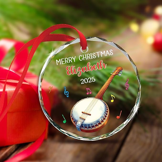 Personalized Text & Name Musical Instrument Glass Ornament, Banjo Christmas Ornament Gifts for Instrumentalist, Custom Banjo Players Keepsake Xmas Tree Decor, Banjoist Glass Ornaments Christmas 2025