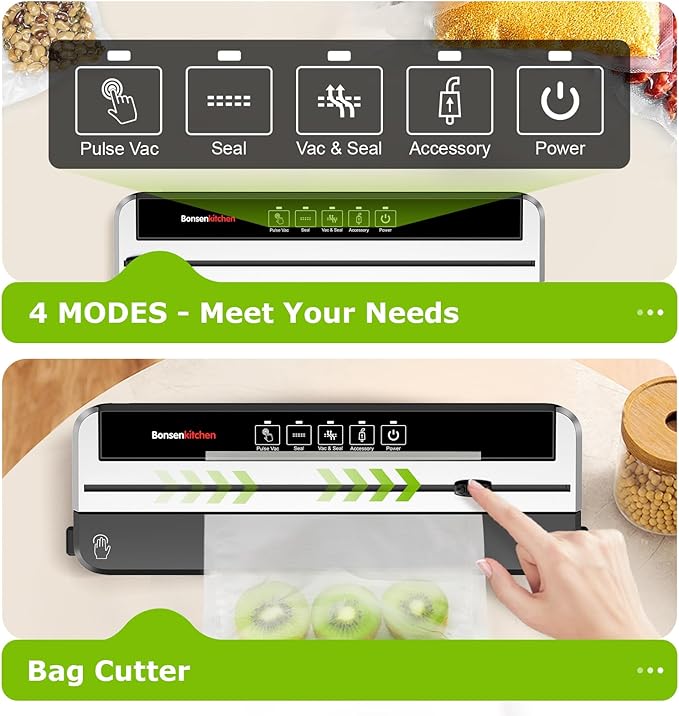 Bonsenkitchen Vacuum Sealer for Food, Multi-functional & Compact Vacuum Sealer Machine with the Latest Airtight Technology | Bag Cutter | ETL Listed | (Silver-Black)