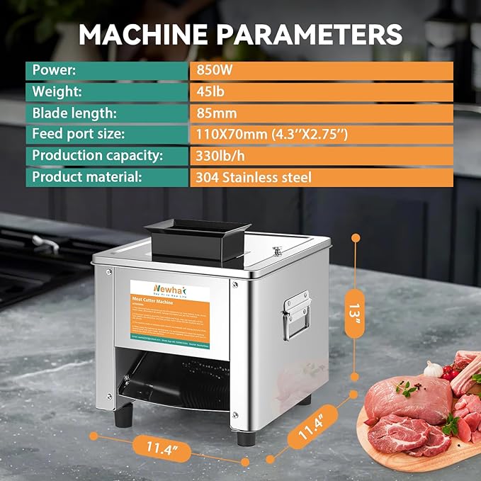 Newhai 850W Meat Cutter Machine 5mm Electric Meat Slicer Shredded Cutting Machine Stainless Steel 330lb/h for Boneless Pork Chicken Fish for Family Commercial Use (Meat thickness: 5mm)