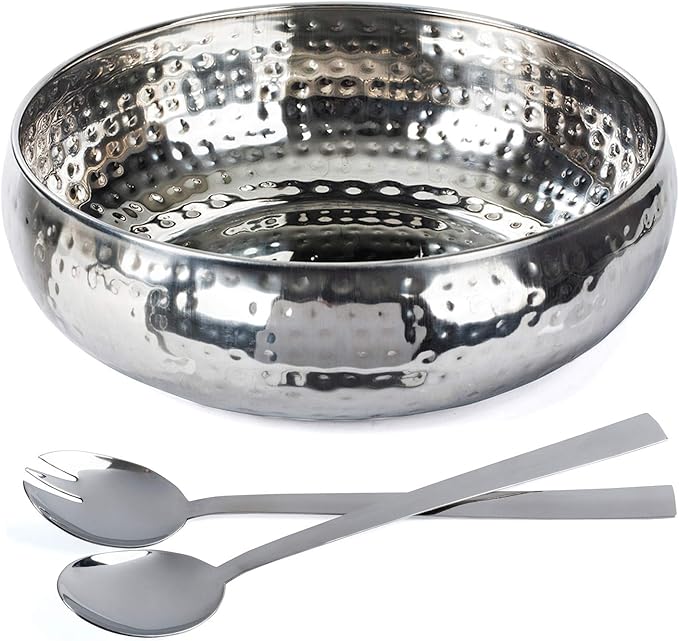 Salad Bowl and Serving Utensils - Hammered Detailing - Stainless Steel Mixing Bowls with Lids- Luxurious Serving Bowls (12" Hammered Salad Bowl)