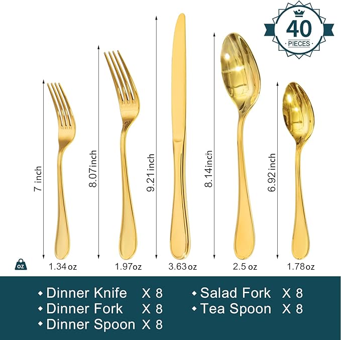 KINGSTONE 40 Piece Teardrop Silverware Set for 8, 18/10 Stainless Steel Flatware Set, Modern Design Cutlery Set for Home/Hotel/Wedding,Mirror Polished and Dishwasher Safe, Gold