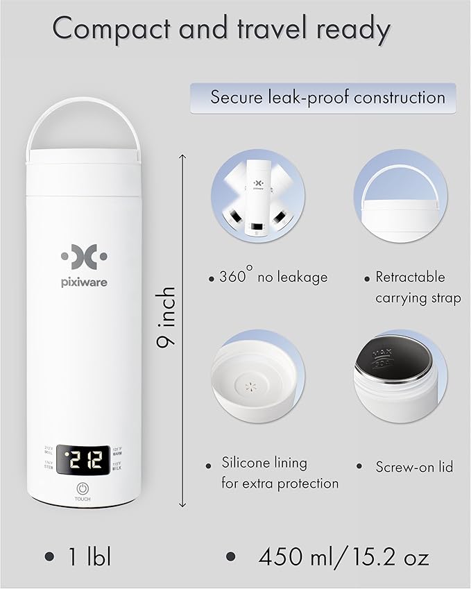 Travel Kettle Twist Lid for Hot Water on the Go 450ml – Small Portable Mini Electric Kettle – 4 Smart Temp Presets – Auto Shut-Off – Leak-Resistant – Stainless Steel BPA-Free 304