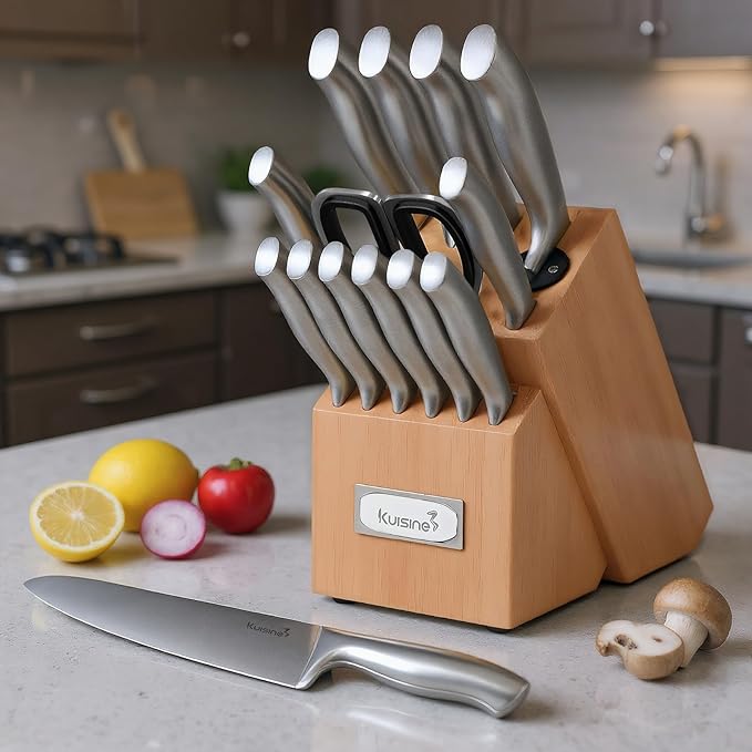 Kuisine Sharp Chef Knife Set with block, One piece Molding High Carbon Stainless Steel Forged,Ergonomic Non-slip Handle Knife Block Set with built-in Sharpener Upgraded (Silver Nature,15PCS)