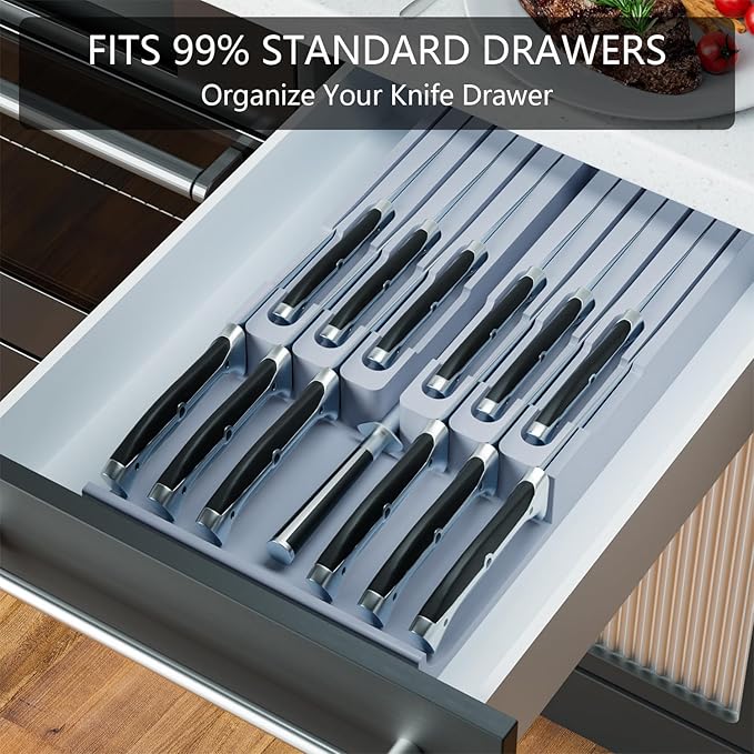 Domax Bamboo In-drawer Knife Block - Knife Drawer Organizer Insert Large Handle Steak Knife Holder, Kitchen Drawer Knife Organizer Fits for 12 knives and 1 Sharpening Steel (Not Included), Gray