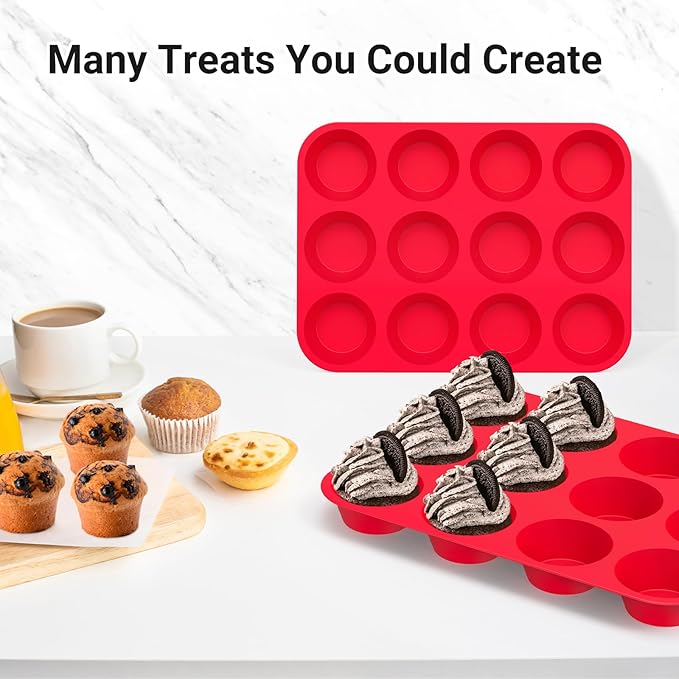 Redfly 3 Pack Silicone Muffin Pan & Cupcake Pans for Baking - 12 Cup Regular Size BPA Free Egg Bites Molds