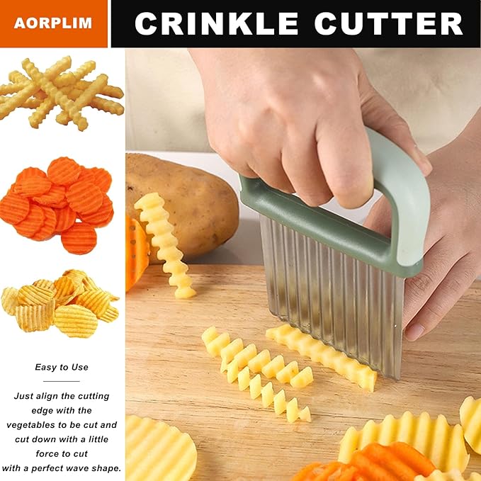 Crinkle Cutter and Vegetable Peeler 2 PCS, Wave Slicer Fry Cutter with Stainless Steel Blade Food-safe for Veggies, Handheld Vegetable Chopper, Salad Garnishing Tool, DishwasherSafe