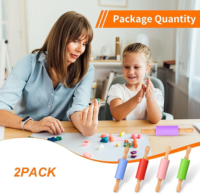 Mini Silicone Rolling Pin for Kids, Non-stick Surface Wood Handle, 9 Inch 2 Pack
