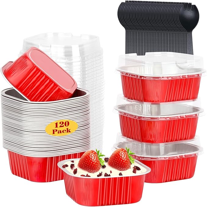 120pack 5oz Mini Cake Pans with Lids,LNYZQUS Foil Cupcake Cups Small Brownie Baking Tins,Square Disposable Ramekins Cheesecake Containers for Christmas-Red