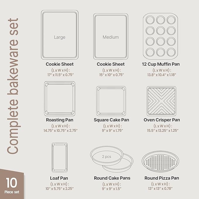 BAKKEN 10-Piece Kitchen Baking Pan Set - Commercial Grade Carbon Steel Bakeware, With Nonstick Coating, Stackable and Space-saving Design, PFOA, PFOS, PTFE Free, Oven Safe (Up To 450°F), Gray Marble