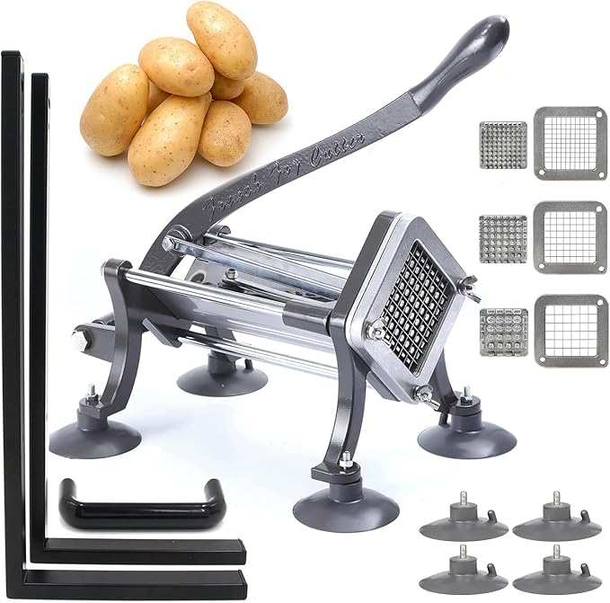 French Fry Cutter Commercial Grade Potato Slicer with Stand Suction Feet Complete Set, Includes 1/4", 3/8", 1/2", 2 Pieces L Stand