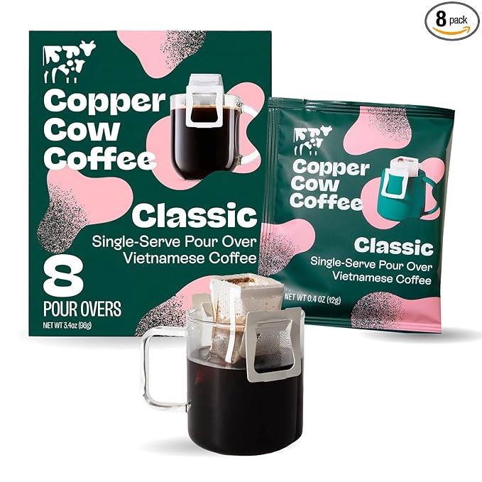 Copper Cow Coffee Premium Pour Over Single-Serve Vietnamese Coffee Pouches (8 pack) | Classic Black | Dark Roast | Convenient Vietnamese Ground Coffee Packets, Travel Friendly