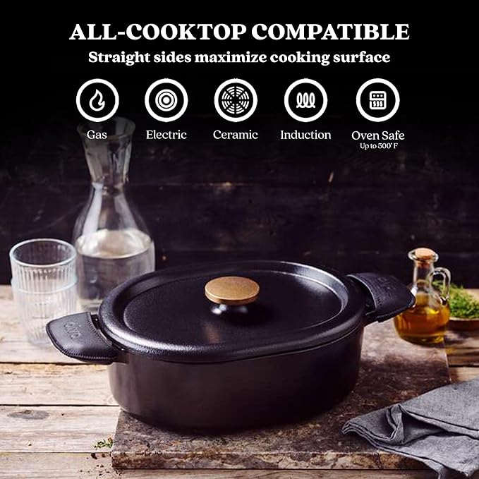Alva Nori 6-Qt Enameled Cast Iron Dutch Oven – Made With No PTFE/PFOA/PFAS, Oven & Induction Safe – 3-Layer Enamel, No Seasoning Needed – Durable, Easy-Clean Cookware for Healthy Cooking, Black