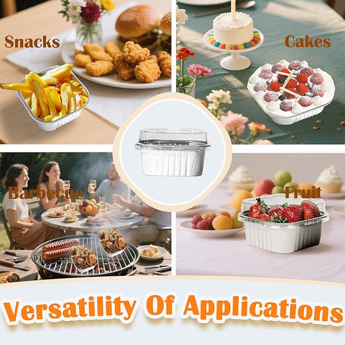 50 Pcs Mini Square Baking Cups with Lids,5oz Aluminum Foil Mini Cake Pans with Lids,Disposable Ramekins Cake Pans,150ml Dessert Cups Cupcake Pans for Wedding Birthday Party,White