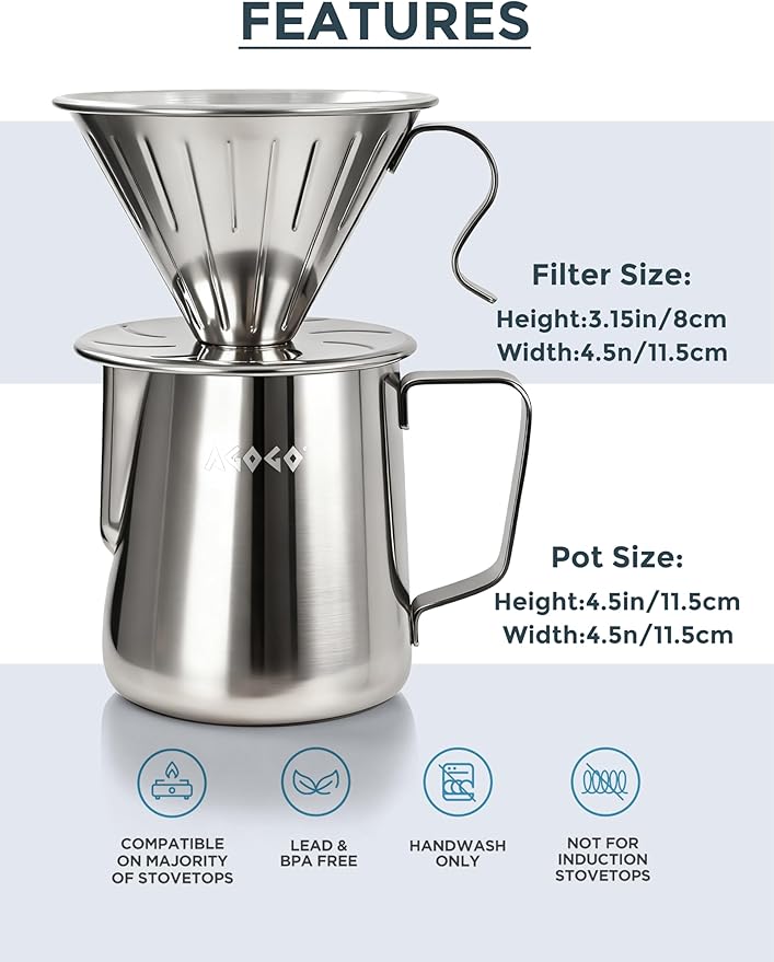 AGOGO Compact Portable Pour Over Coffee Maker Set - Easy Cleaning 304 Stainless Steel Dripper Set for Camping & 50 Filters Paper & Cleaning Rag (Silvery, 600ml)