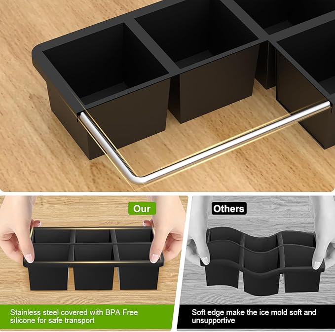 Samuelworld Large Ice Cube Tray with Lid and Bin: 2 Inch Silicone Old Fashioned Ice Cube Mold with Lid and Bin, Big Square Ice Cube Maker for Whiskey-3 Pack (With Ice Tong)