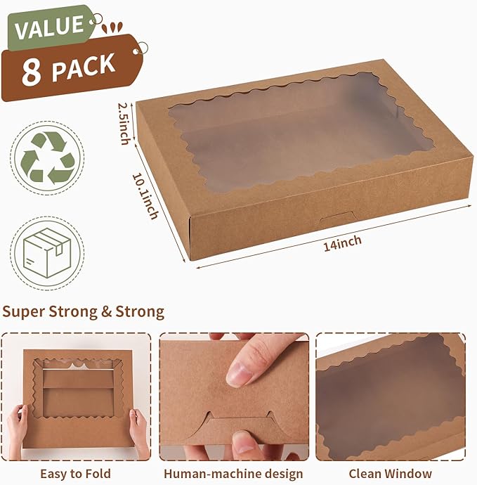 8pcs Cookie Boxes,14x10x2.5 Inch Large Bakery Boxes with Window for Pies Chocolate Strawberries Muffin Containers Donuts Pastry Dessert Tcoivs(Brown) (Brown, 14 * 10 * 2.5inch/8pcs)