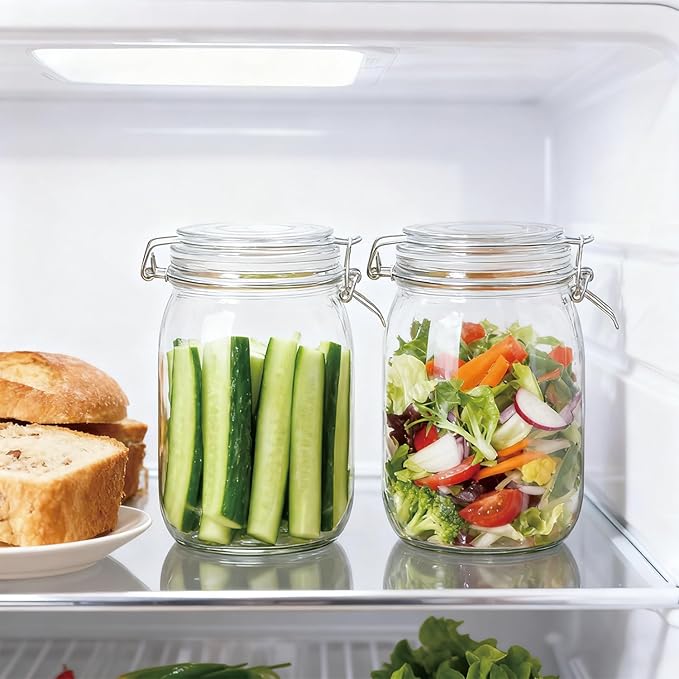 Glass Kitchen Storage Canister Mason Jars with Lids,32oz Airtight Glass Canister with Hinged Lid，Perfect for Kitchen Canning Cereal,Pasta,Sugar,Beans (Labels & Chalk Marker)-Set of 4