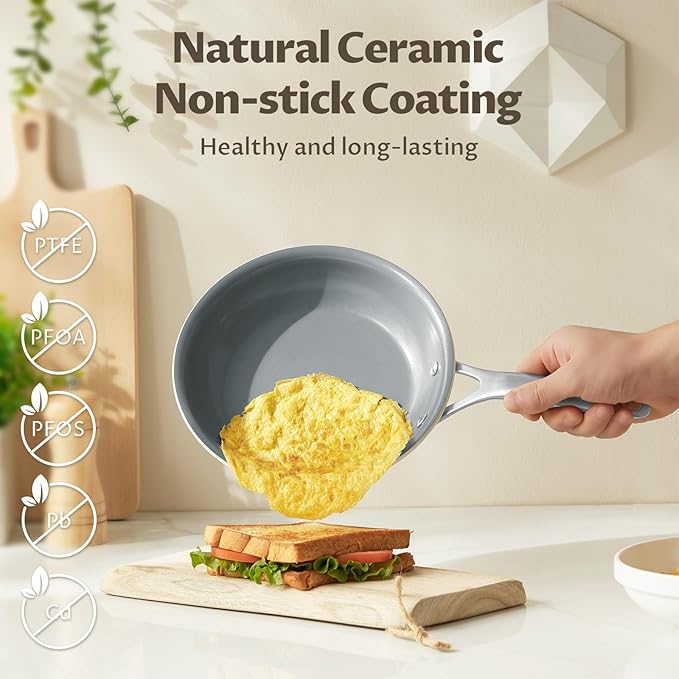 Ceramic Frying Pans Set, 3-Pieces Fry Pan (8", 9.5", 11") with Tri Ply Nonstick Coating, Induction Skillet Set with Handles, Healthy Fast Heating Cookware, Oven Safe, Suitable for All Stove
