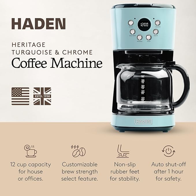 Haden Coffee Machine, 12 Cup Programmable Drip Coffee Maker with Auto Shut-Off Function and Reusable Washable Water Filter, Turquoise & Chrome