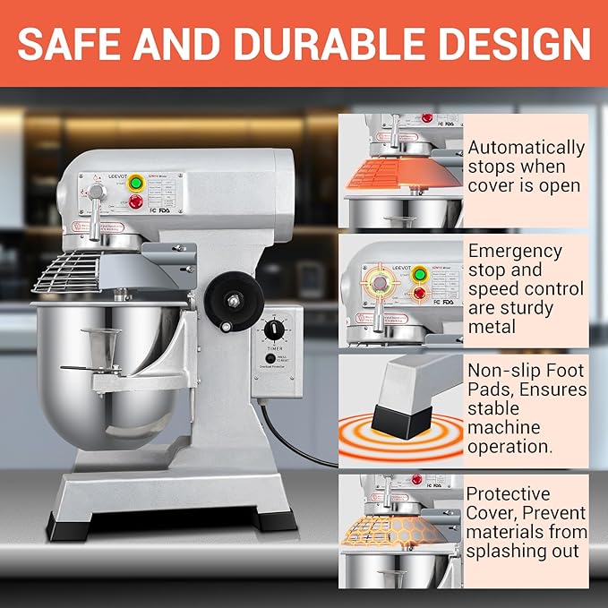 10 QT Dough Mixer, Food Commercial Industrial Grade Stand Mixer with Stainless Steel Bowl and 3 Types of Mixing Tools, Built for Professional Baking: Effortlessly Handles Large Recipes