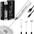 Zulay Froth N Go Milk Frother Rechargeable - 3-in-1 Frother Wand With Case & USB-C Charger - Comes With 3 Whisk Attachments for Latte, Cappuccino, Matcha, Protein Shakes - Silver