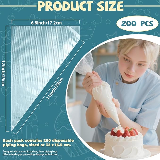 10 Inch Disposable Piping Bags 200PCS, Icing Piping Bags for Frosting, Thickened Non-Slip and Anti-Burst Pastry Bags for all Size Tips Couplers and Baking Cookies Candy Supplies Kits