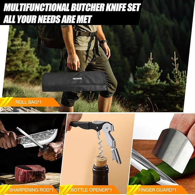 MDHAND 14PCS Professional Butcher Knife Set with Roll Bag, Heavy Duty Meat Cleaver, Boning Knife, Viking Knives, Hand Forged Chef Knife Set, Meat Cutting Knife for Kitchen, Gift for Men, BBQ, Camping