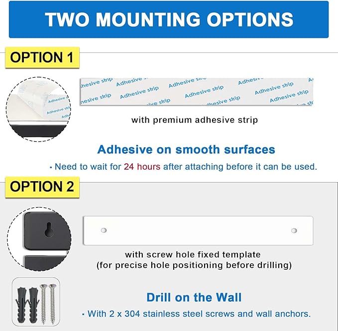 12 Inch Magnetic Knife Holder for Wall, Adhesive Knife Magnetic Strip No Drilling with 6 Hooks, Powerful Magnetic Knife Strip, Magnetic tool Holder for Kitchen Knives & Utensils (Black)