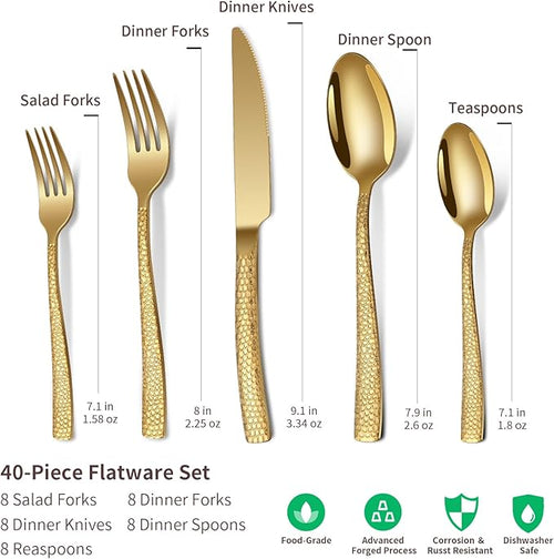 40-Piece Silverware Set, Gold Hammered Stainless Steel Flatware Sets for 8, Food-Grade Tableware Set, Including Fork Knife Spoon Set, Durable Home Kitchen Cutlery Sets, Dishwasher Safe, RX357