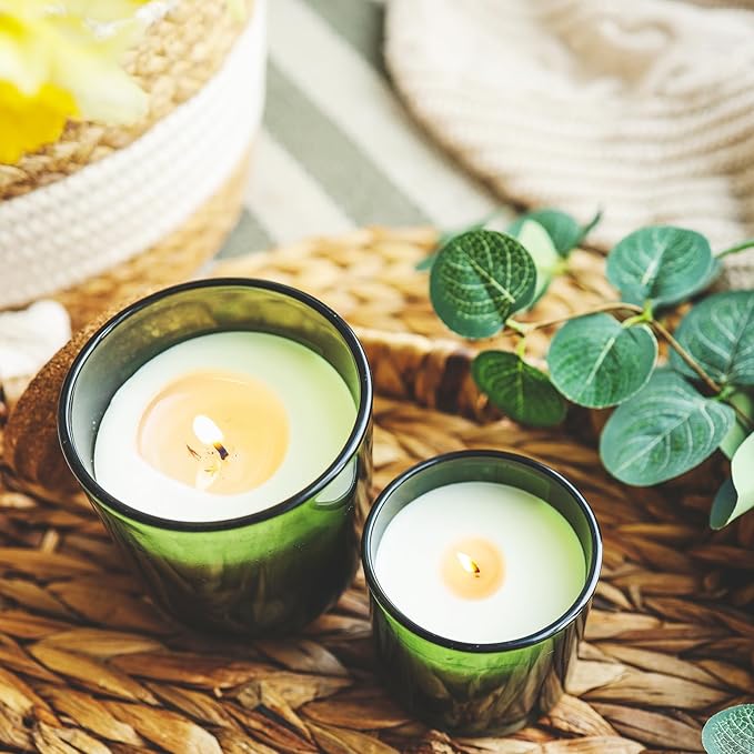 10 OZ Thick Candle Jars for Making Candles 15 Pcs, Empty Jars with Wood Lids for Candle Making, Sample Container, Clear Green