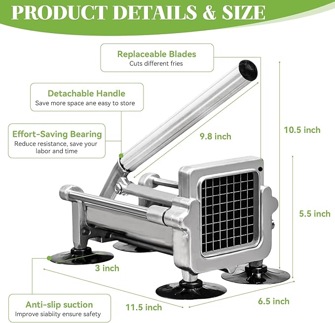 Commercial French Fry Cutter, Heavy Duty Potato Slicer with 1/4Inch Blade, Stainless Steel Potato ChopperFrench Fries Cutter with Suction Feet,