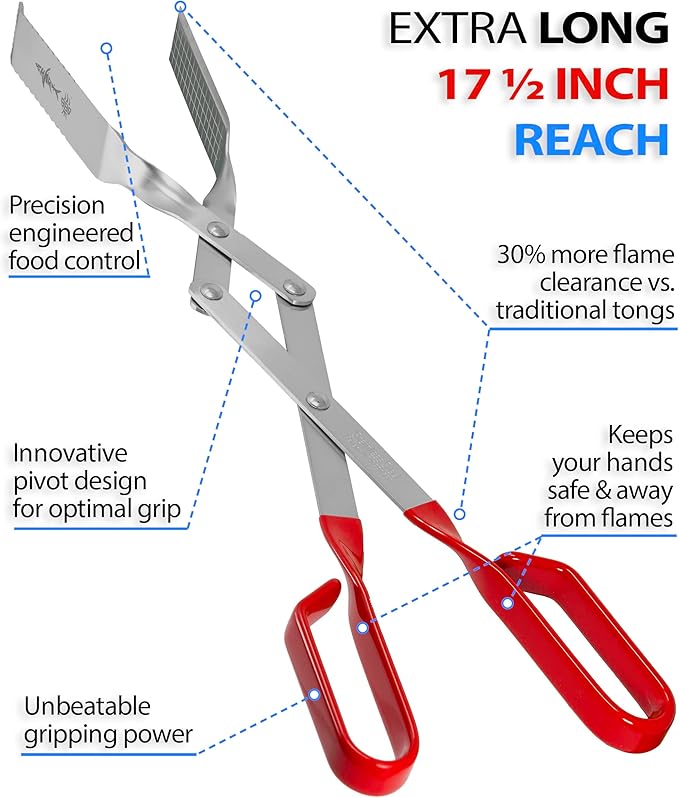 Shark BBQ Grill Tongs - 17 inch Red. Professional kitchen and outdoor grilling utensil. Long reach Barbeque Grilling Tongs. Ideal for steak, fish, burger, and sausage