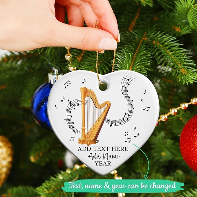 Customized Harp Music Instrument Ceramic Ornaments, Personalized Text Name Year Harpist Christmas Ornament, 2025 Xmas Ornament Gift for Harp Player Teacher Student, Musician Xmas Decorations