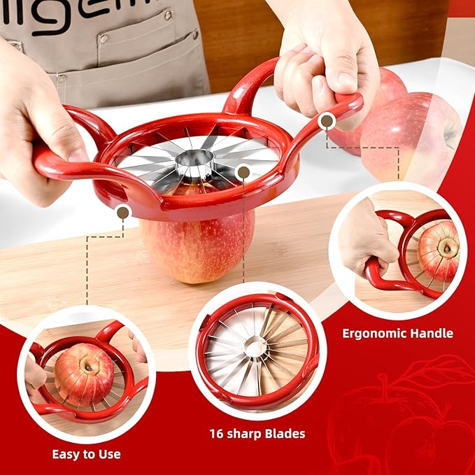 LIIGEMI 5.5 Inch Extra Large Apple Slicer,16-Slice Thin Apple Slicer and Corer,Cutter, Divider, Wedger for Fruits and Vegetables，Gifts for Mom，Sharp and Sturdy，Easy to Use（Red）