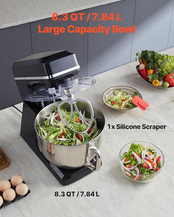 VEVOR Stand Mixer, 8.3QT Dough Mixer, 660W 6+P Speeds Tilt-head Food Mixer with Stainless Steel Bowl, Dough Hook, Wire Whip, Flat Beater, Scraper, Household Stand Mixer for Baking & Mixing, Black